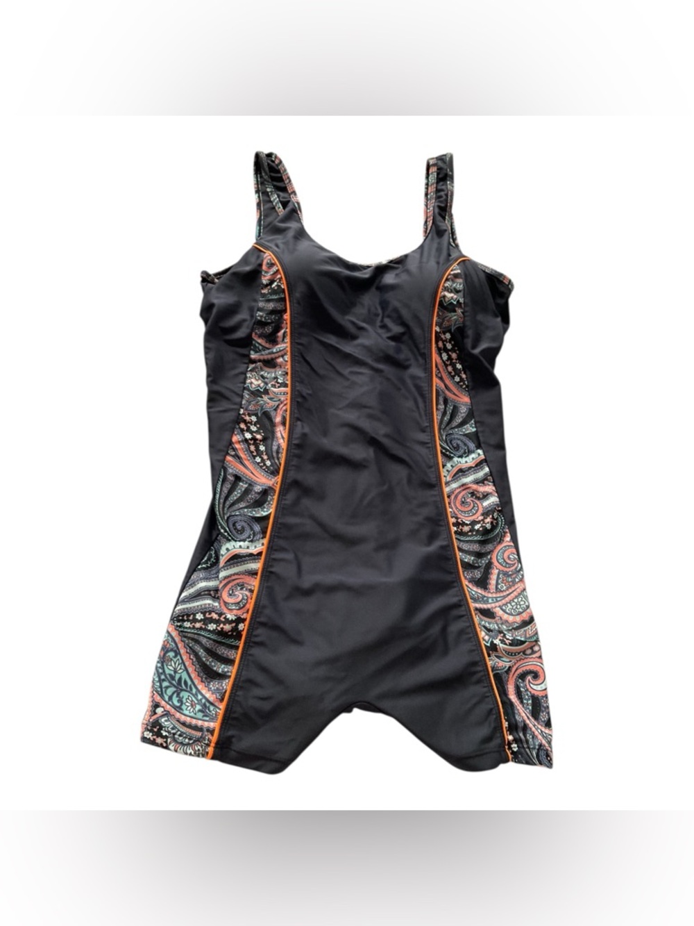 Black Paisley One Piece Swimsuit Boy Shorts L Tummy Control